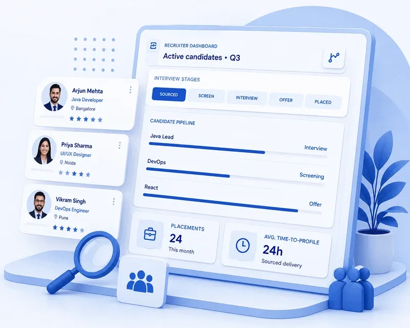 Recruiter dashboard with candidate pipeline, interview stages, and hiring analytics